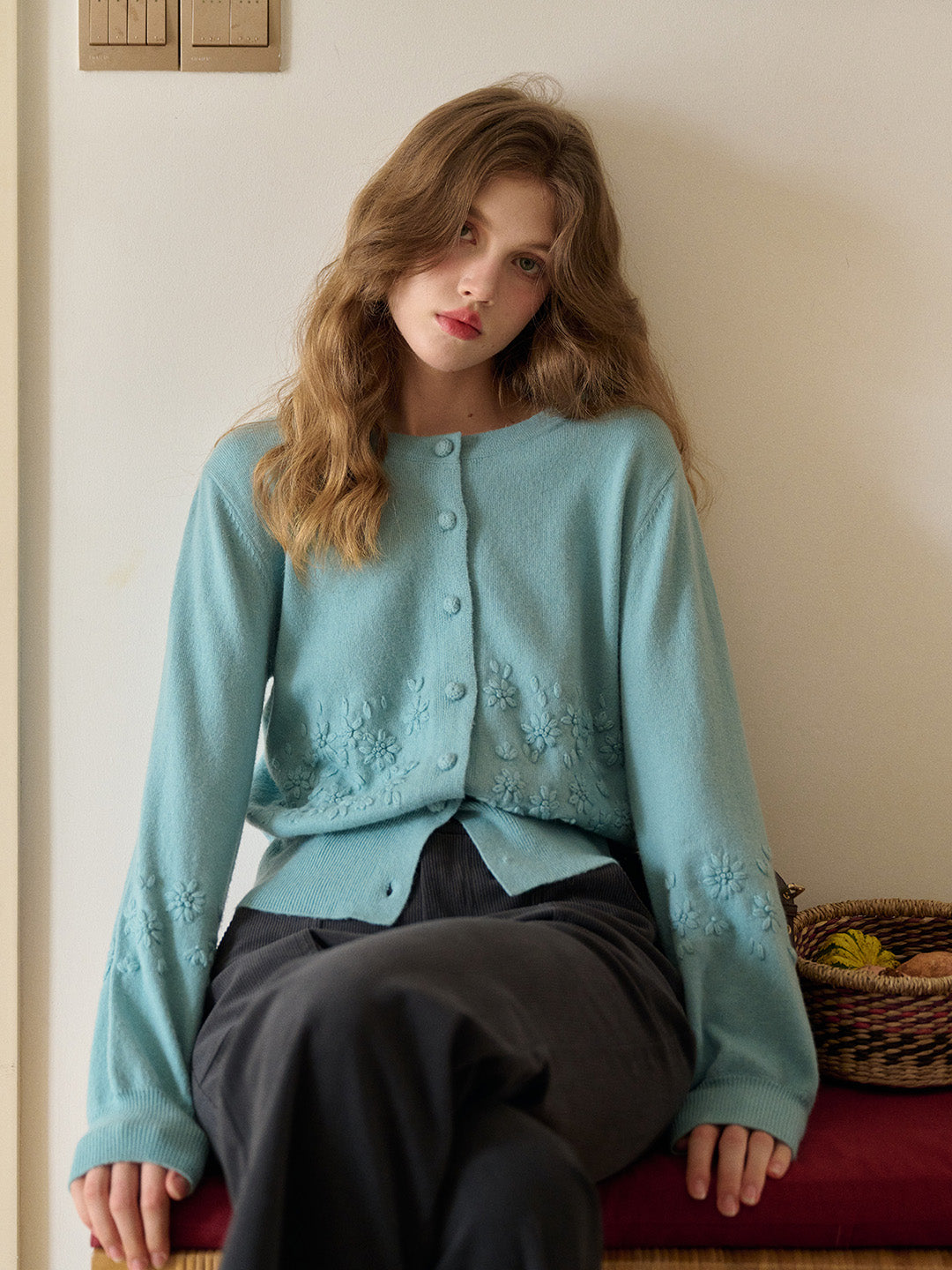 Lola Round Neck Embroidery Wool Cardigan