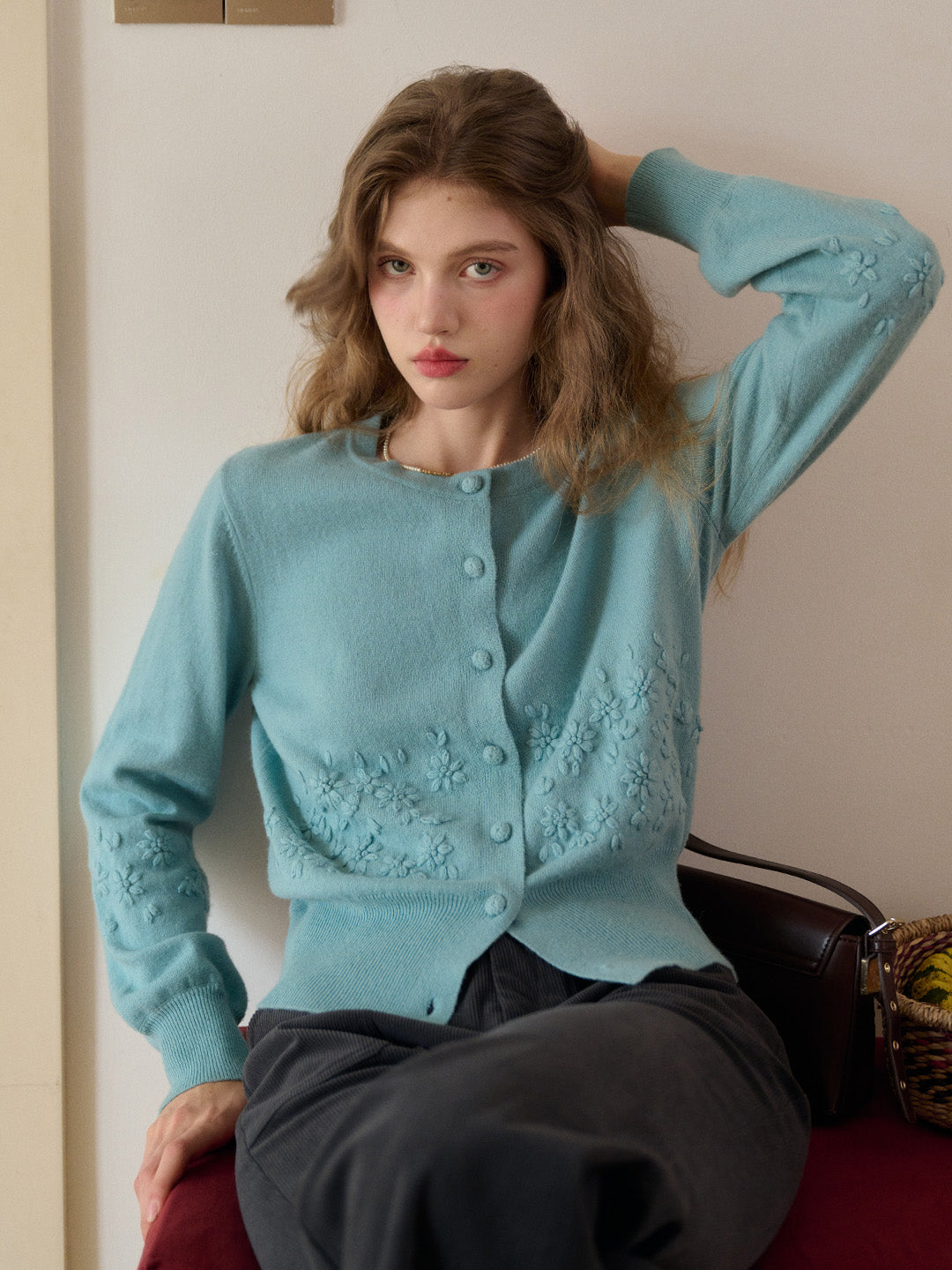 Lola Round Neck Embroidery Wool Cardigan