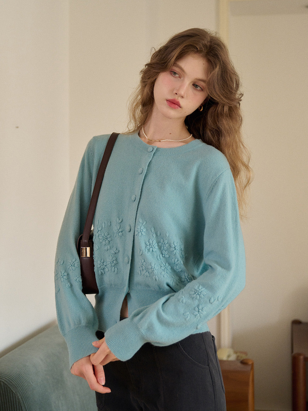 Lola Round Neck Embroidery Wool Cardigan