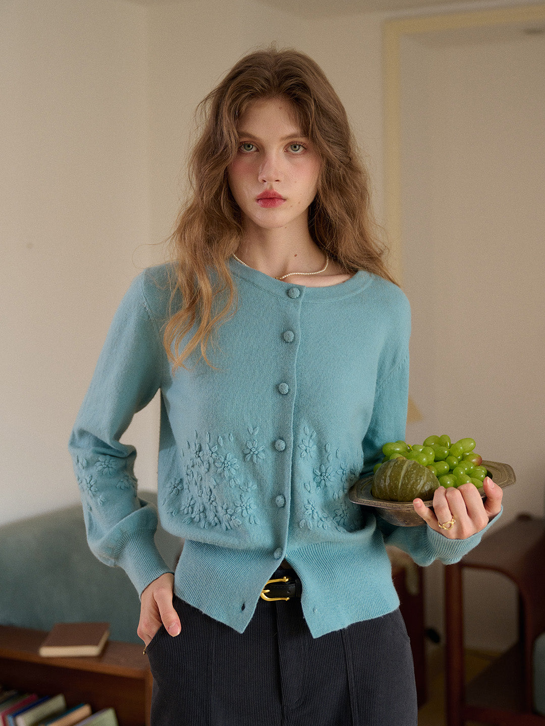 Lola Round Neck Embroidery Wool Cardigan