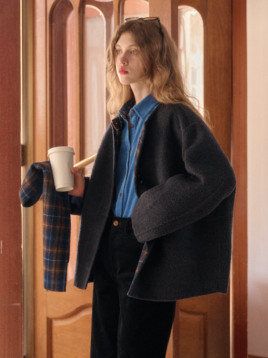 Jream Plaid Scarf Wool Coat