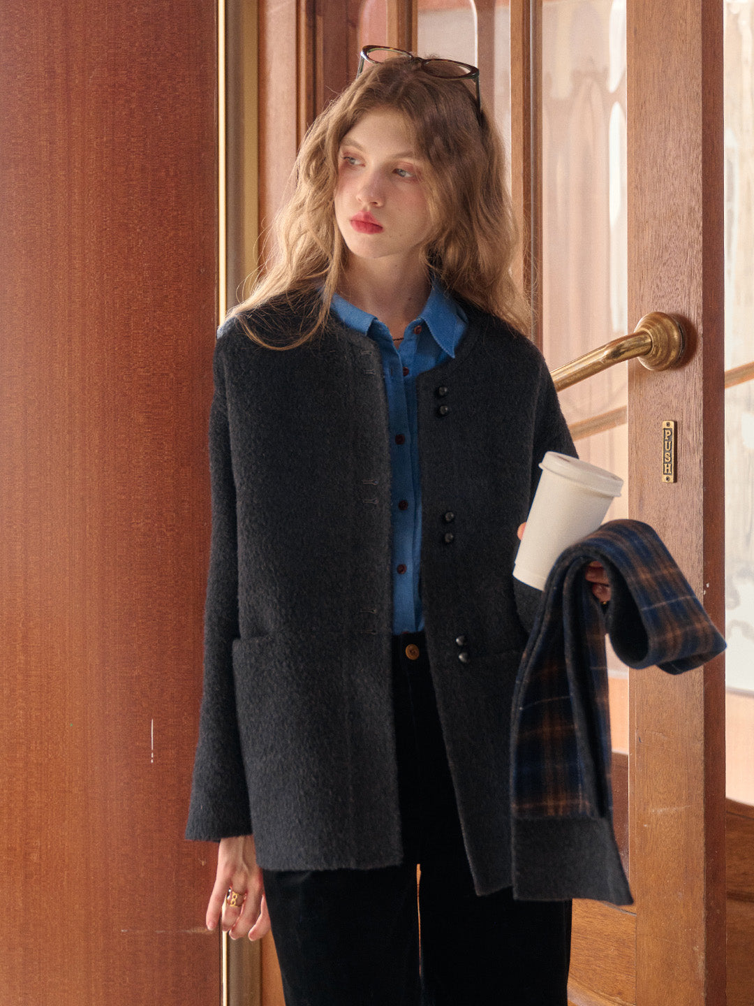 Jream Plaid Scarf Wool Coat