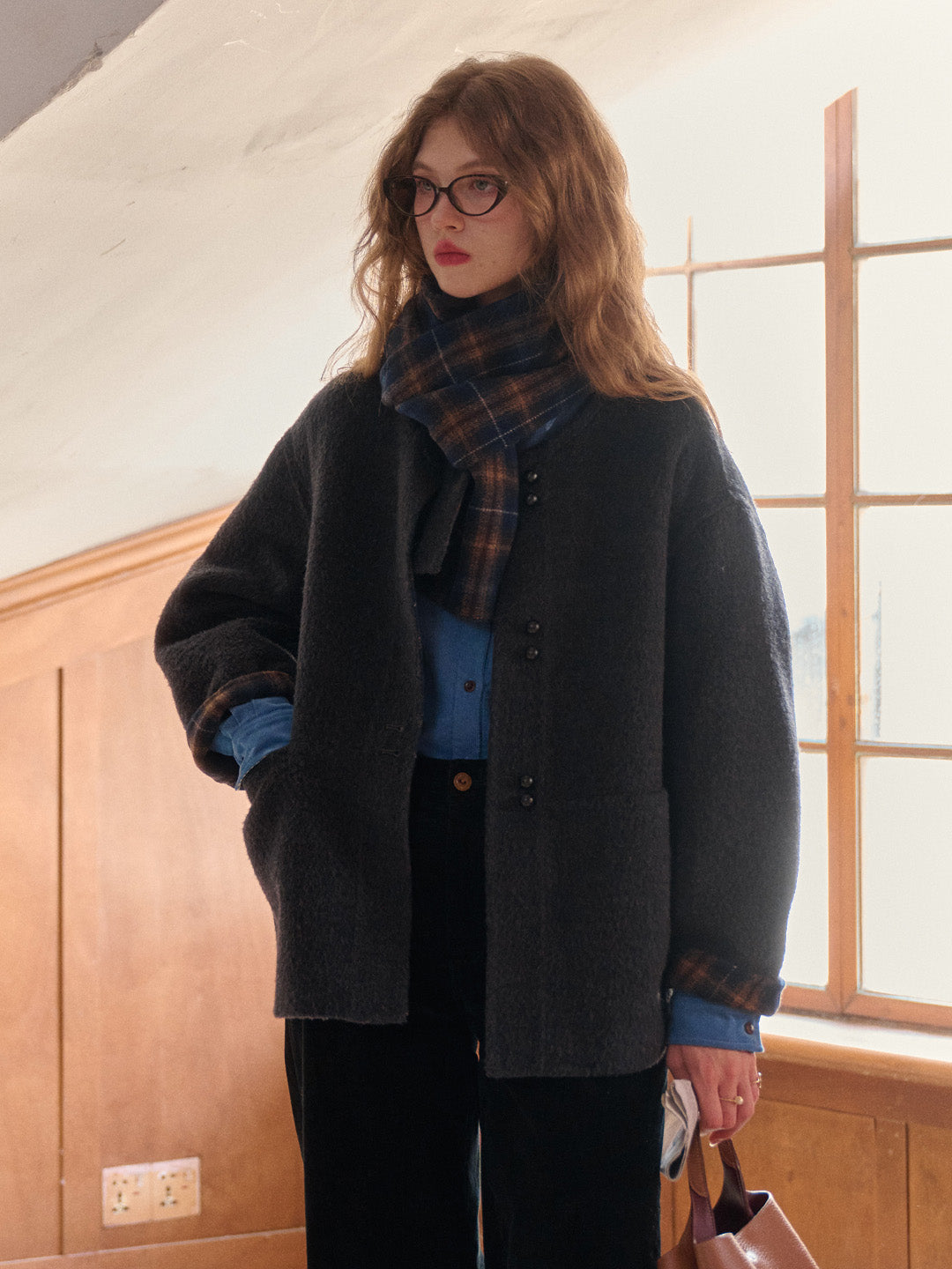Jream Plaid Scarf Wool Coat
