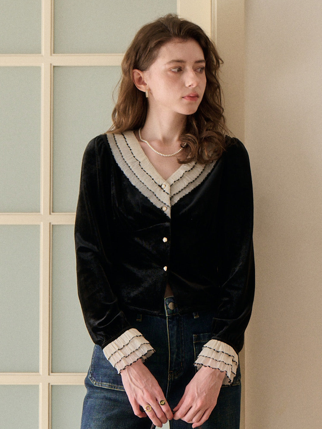 Angie V-Neck Velvet Blouse