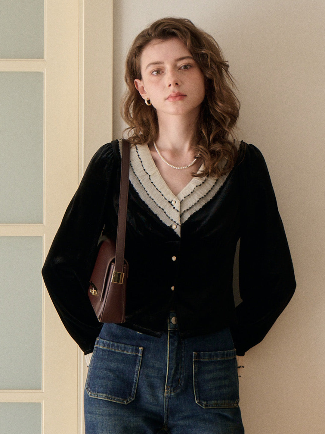 Angie V-Neck Velvet Blouse