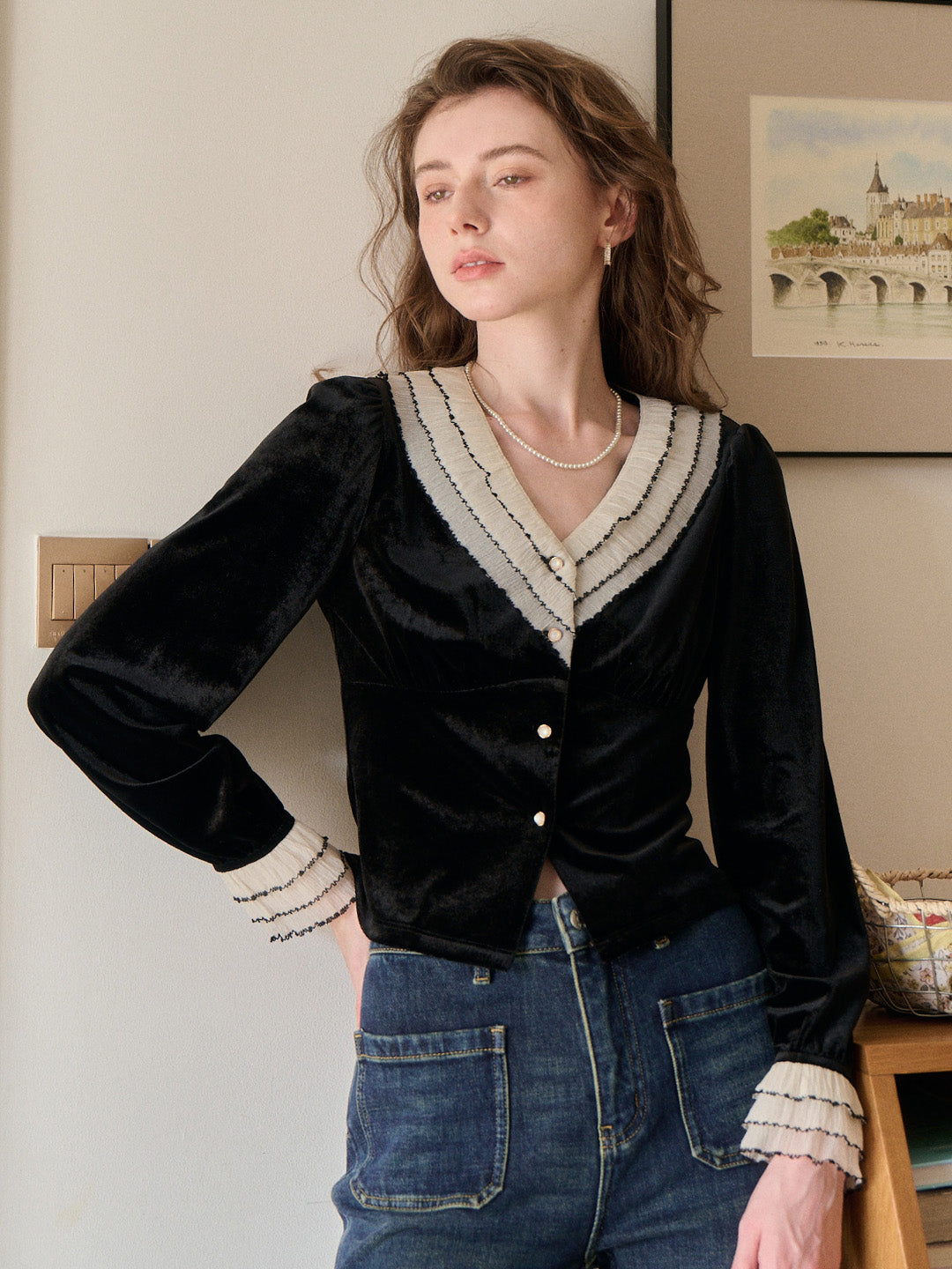 Angie V-Neck Velvet Blouse