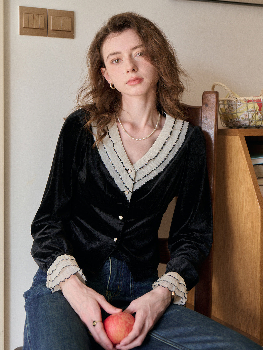 Angie V-Neck Velvet Blouse