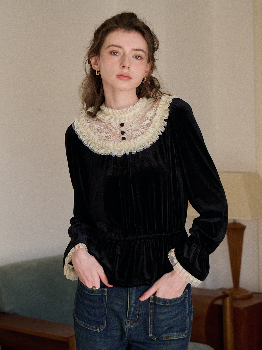 Elodie Lace Collar Velvet Blouse