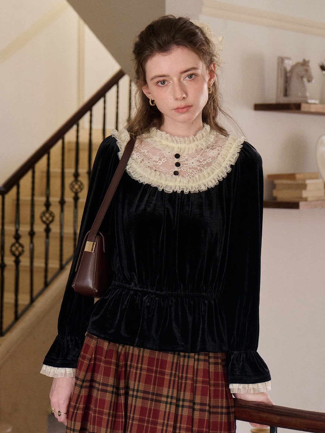 Elodie Lace Collar Velvet Blouse