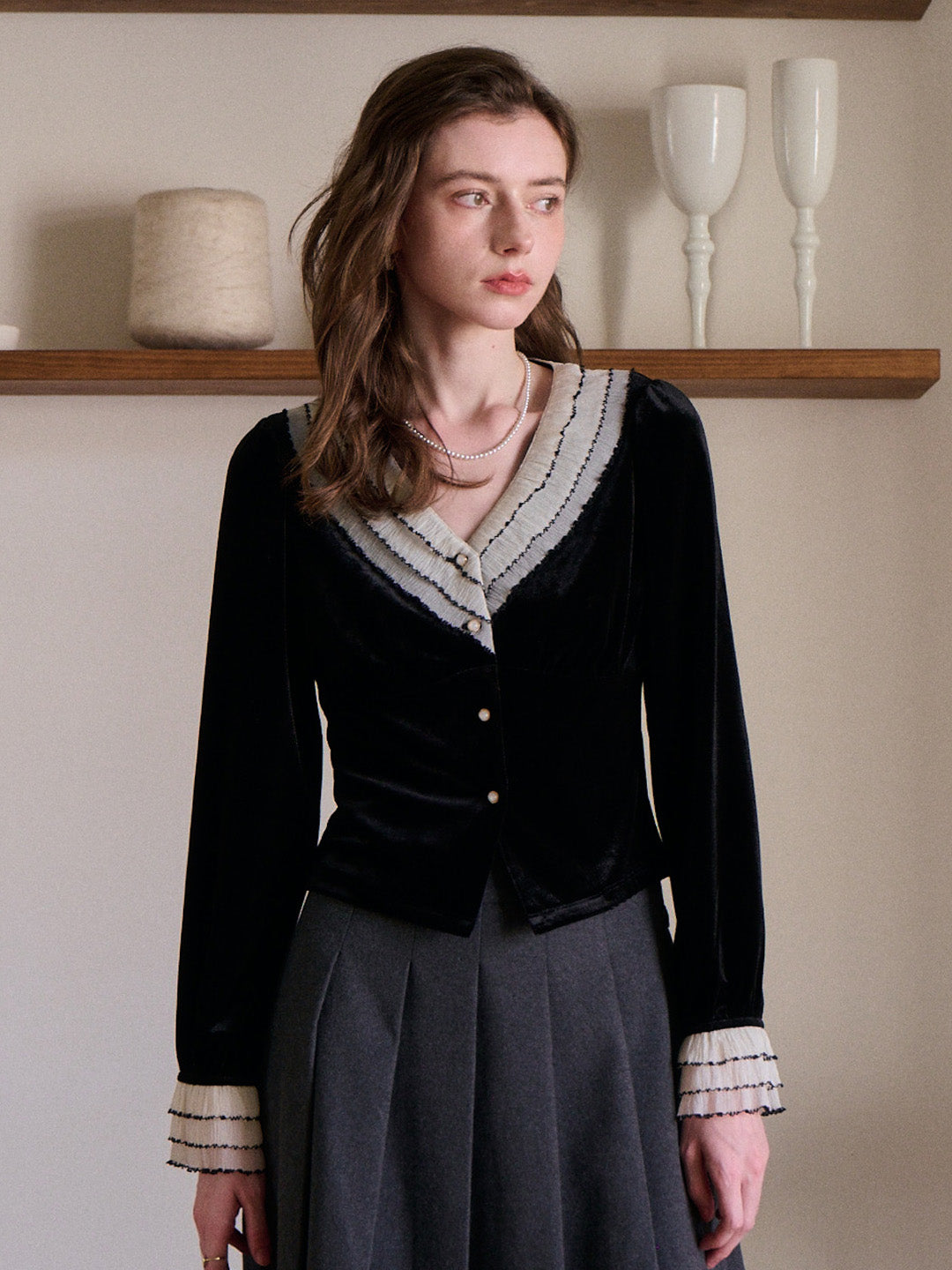 Angie V-Neck Velvet Blouse