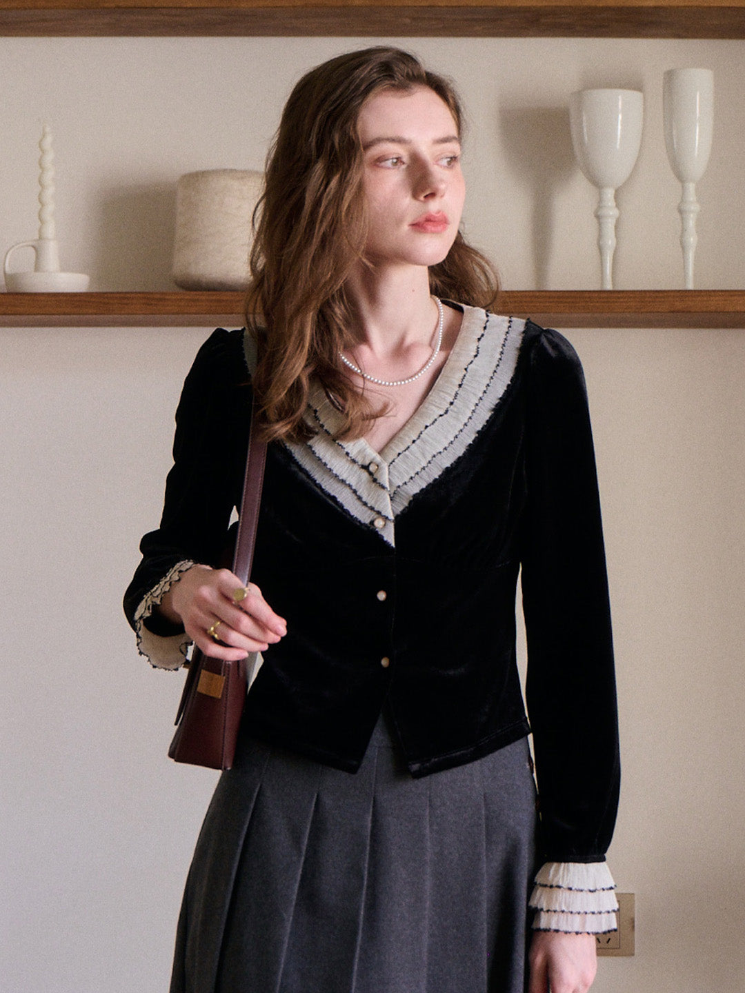 Angie V-Neck Velvet Blouse