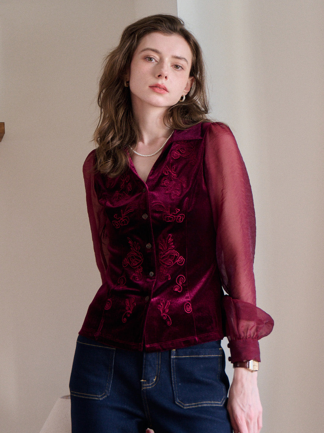 Sevyn V-Neck Velvet Blouse