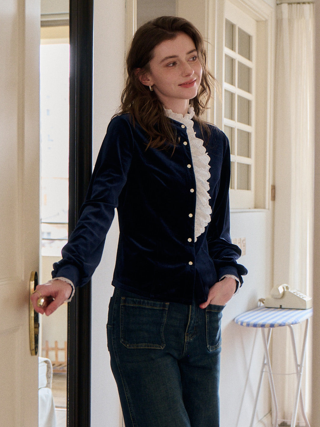 Karina Lace Neck Velvet Top