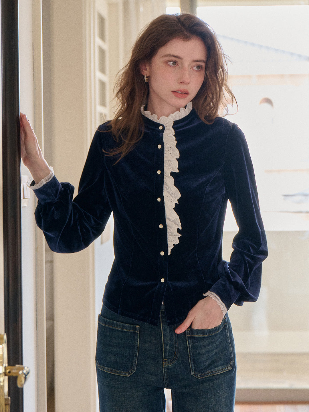 Karina Lace Neck Velvet Top