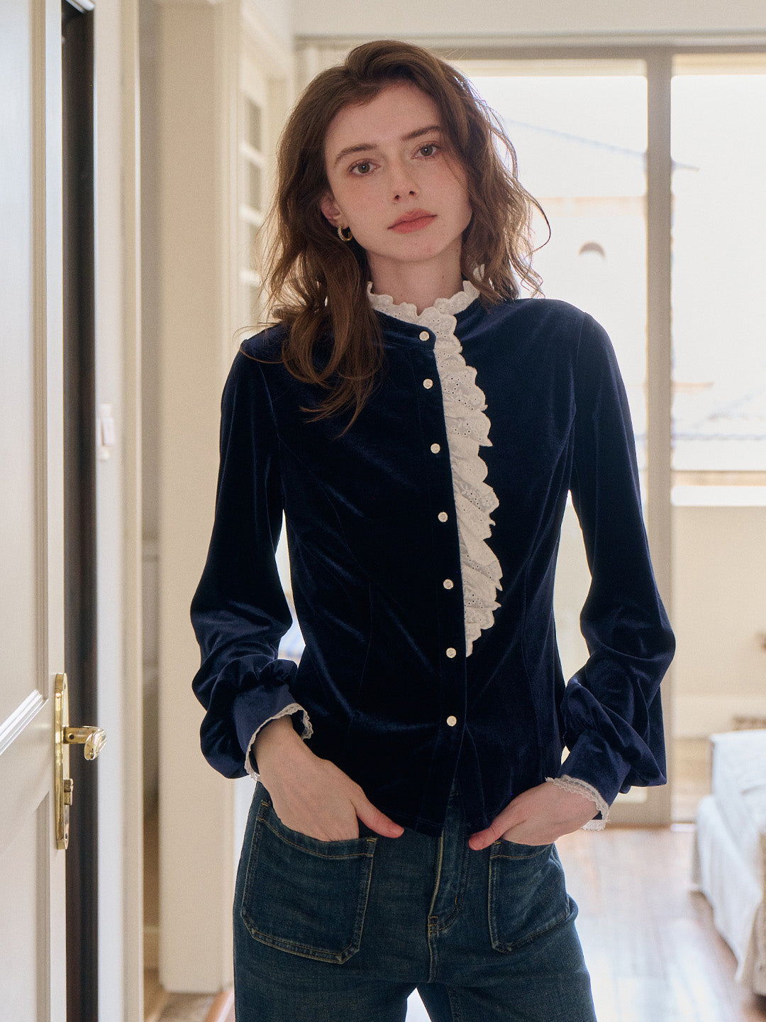 Karina Lace Neck Velvet Top