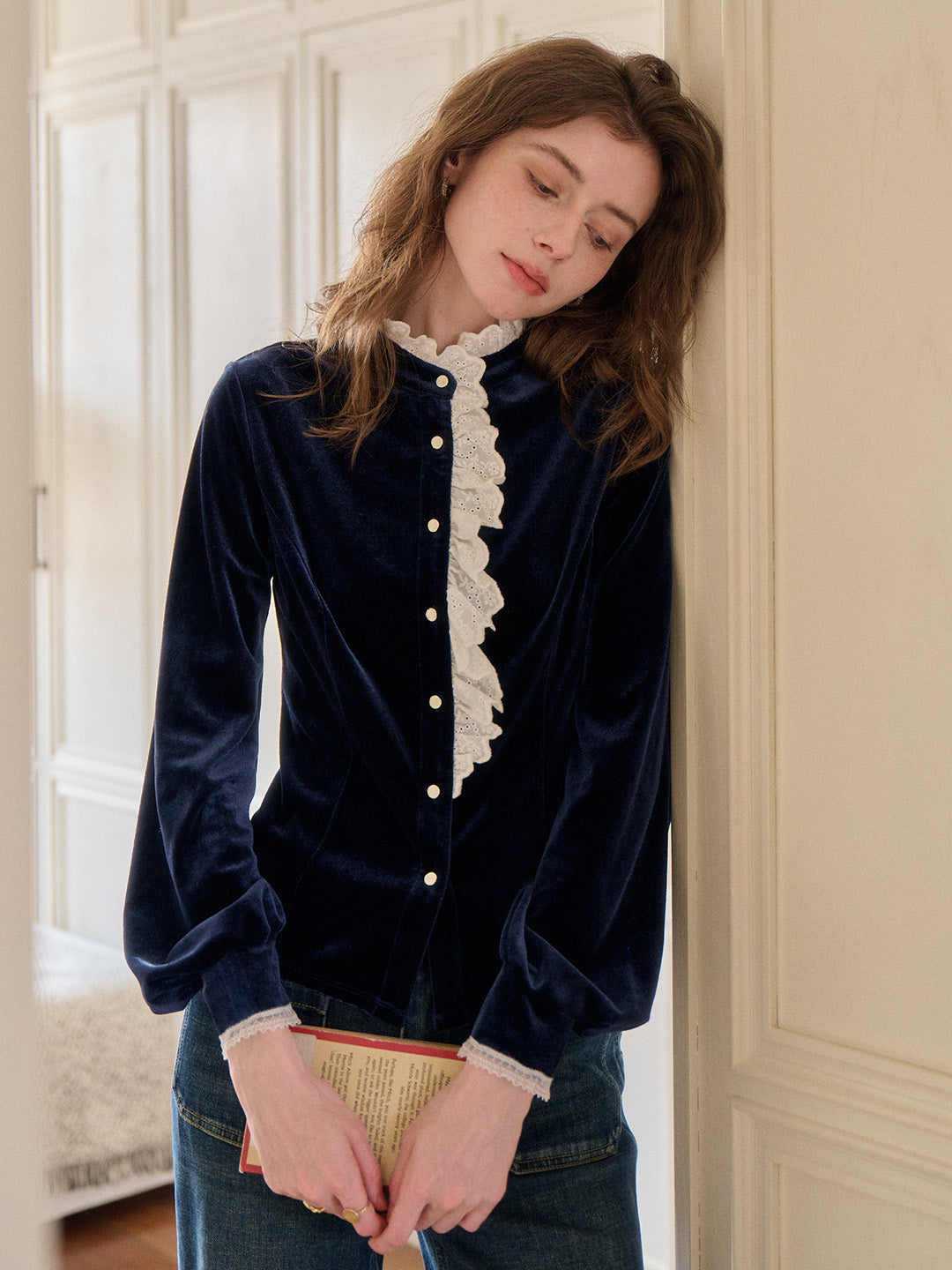 Karina Lace Neck Velvet Top