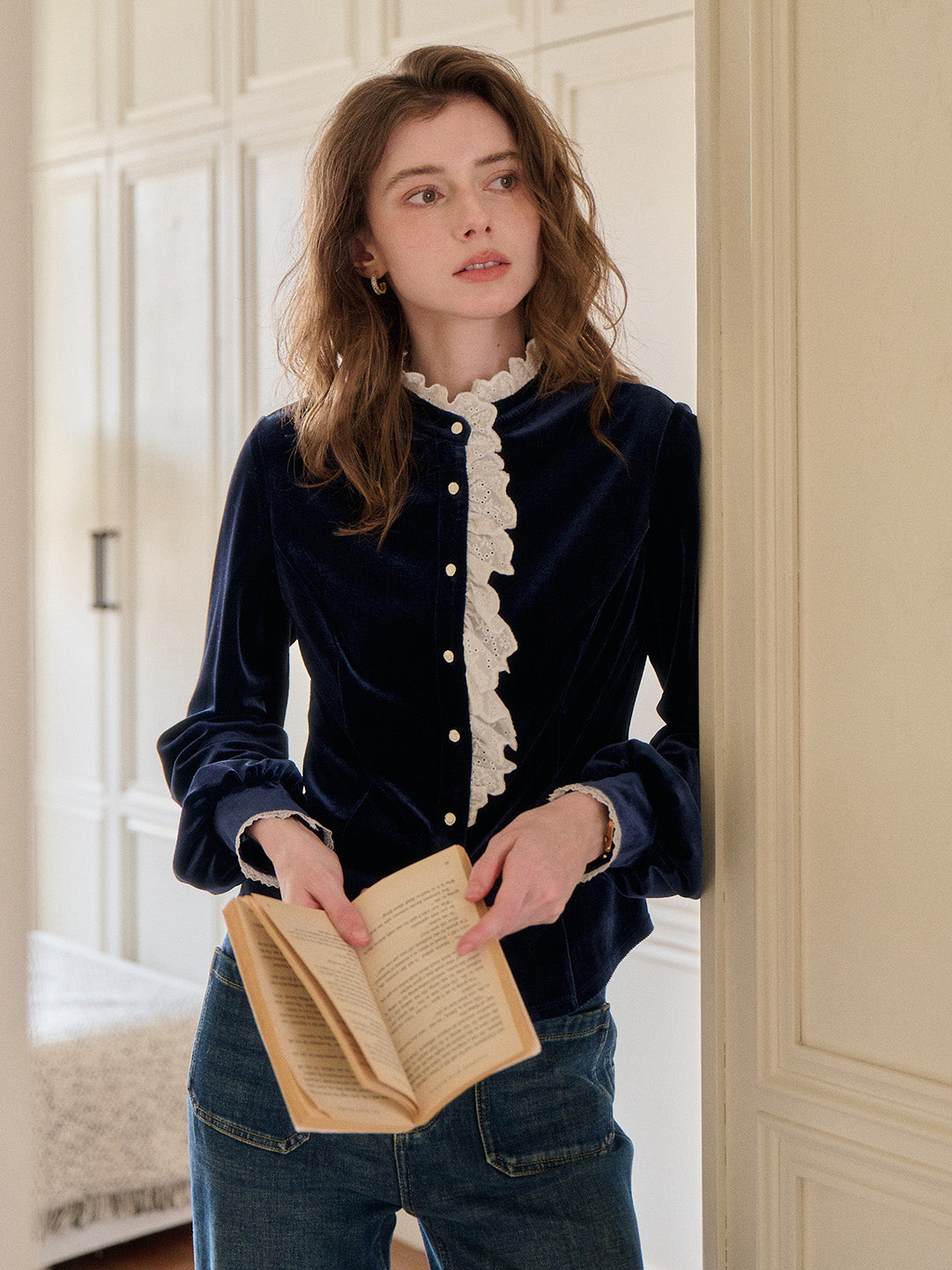 Karina Lace Neck Velvet Top