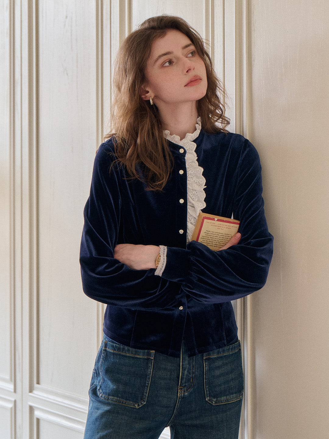 Karina Lace Neck Velvet Top