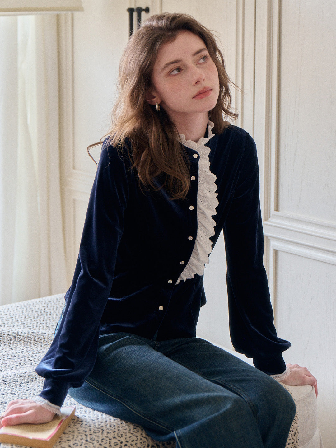 Karina Lace Neck Velvet Top