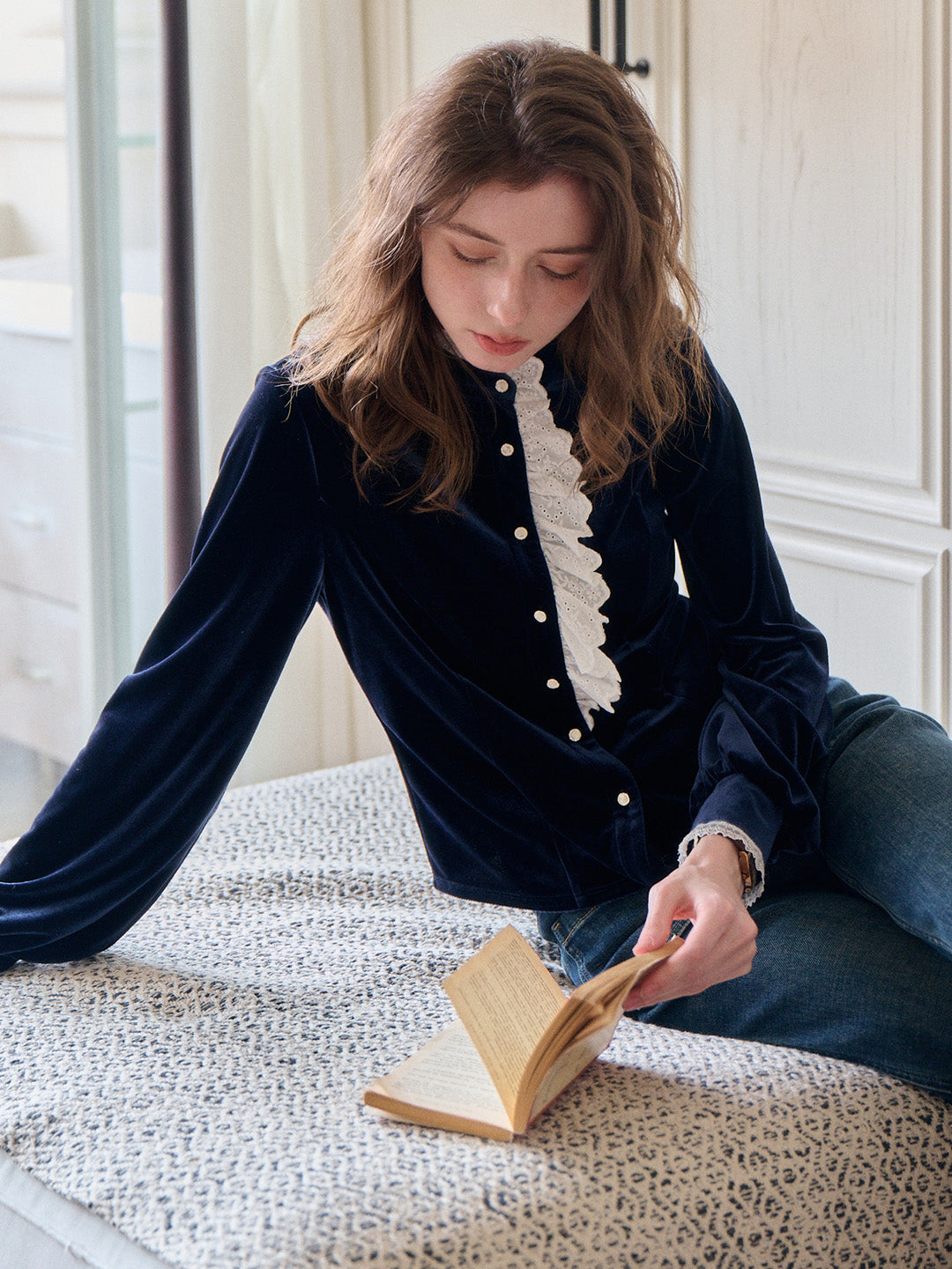 Karina Lace Neck Velvet Top