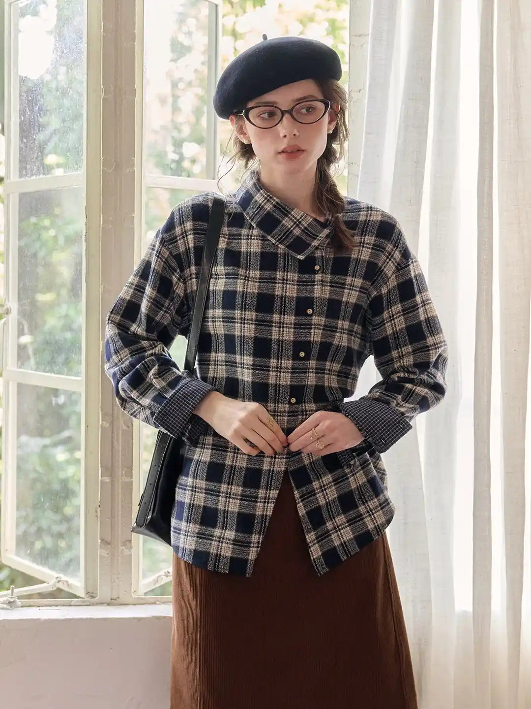 Samira Slanted Placket Plaid Cotton Blouse