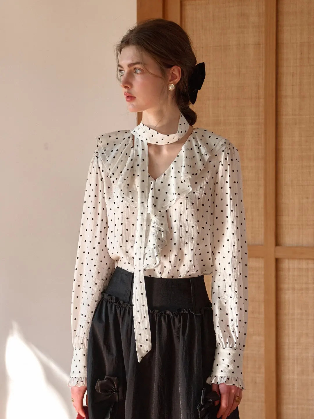 Keily V-Neck Dots Delicate Scarf Blouse
