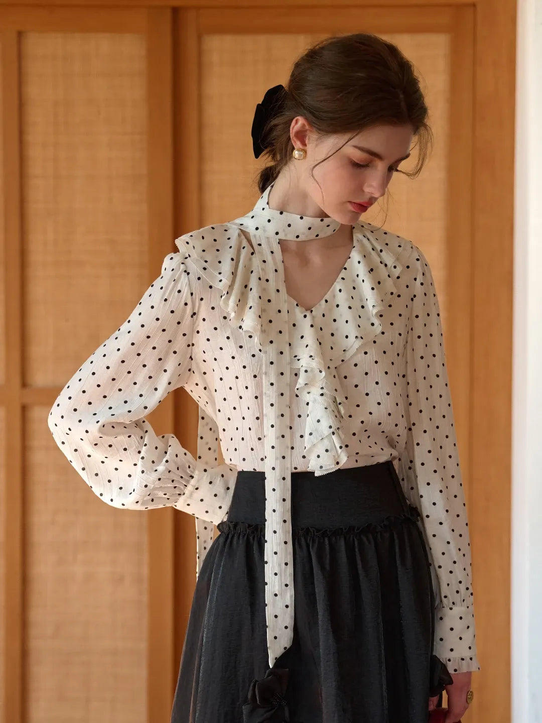 Keily V-Neck Dots Delicate Scarf Blouse