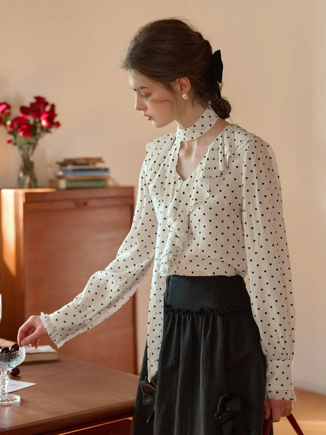 Keily V-Neck Dots Delicate Scarf Blouse