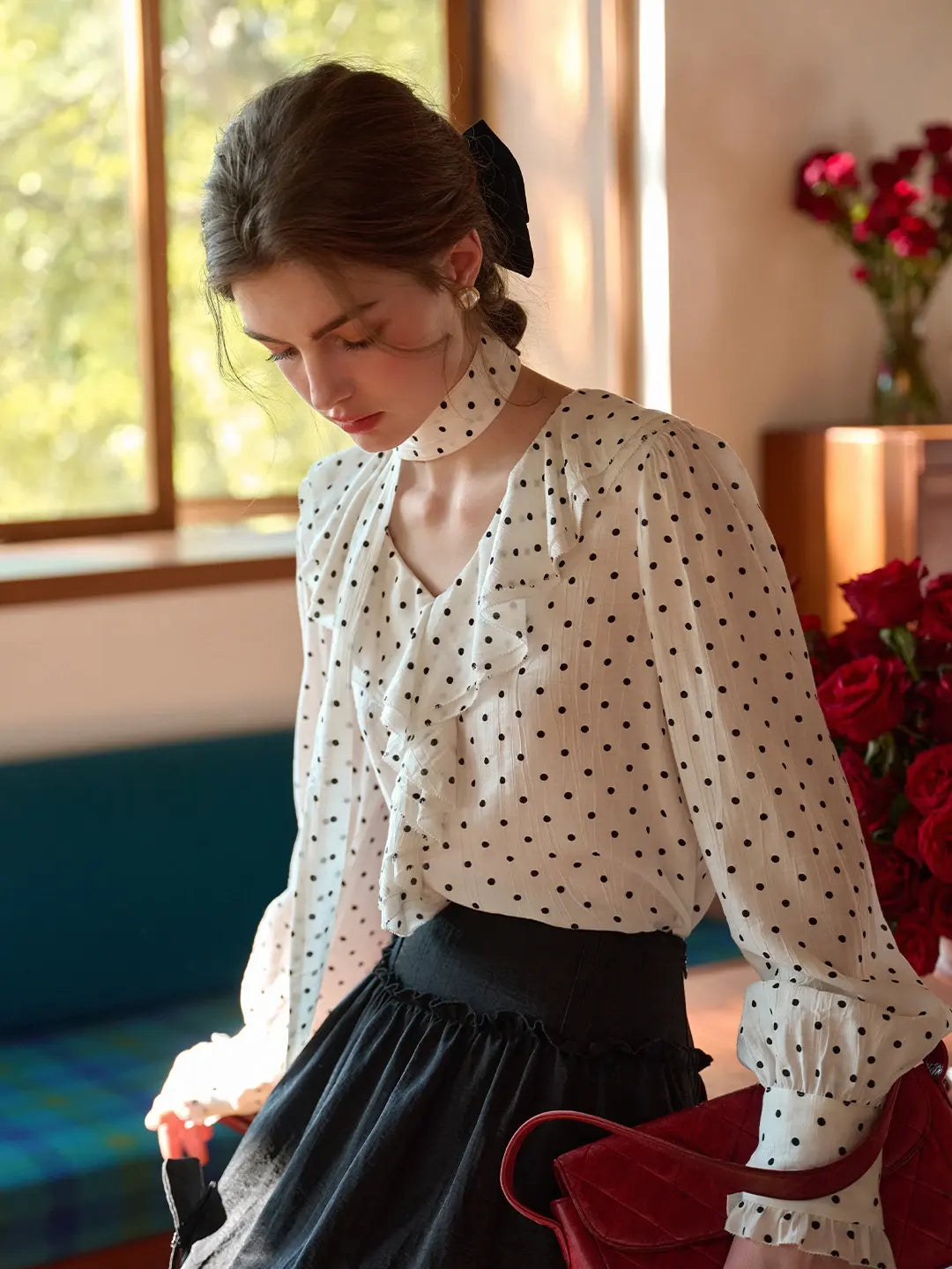 Keily V-Neck Dots Delicate Scarf Blouse