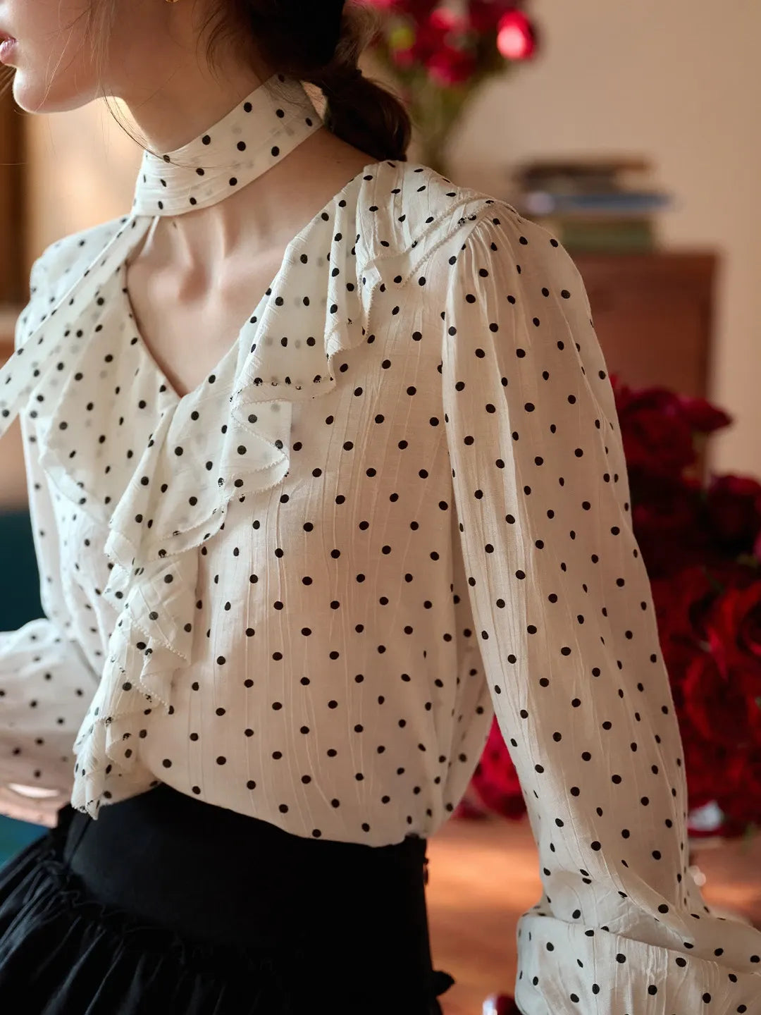 Keily V-Neck Dots Delicate Scarf Blouse