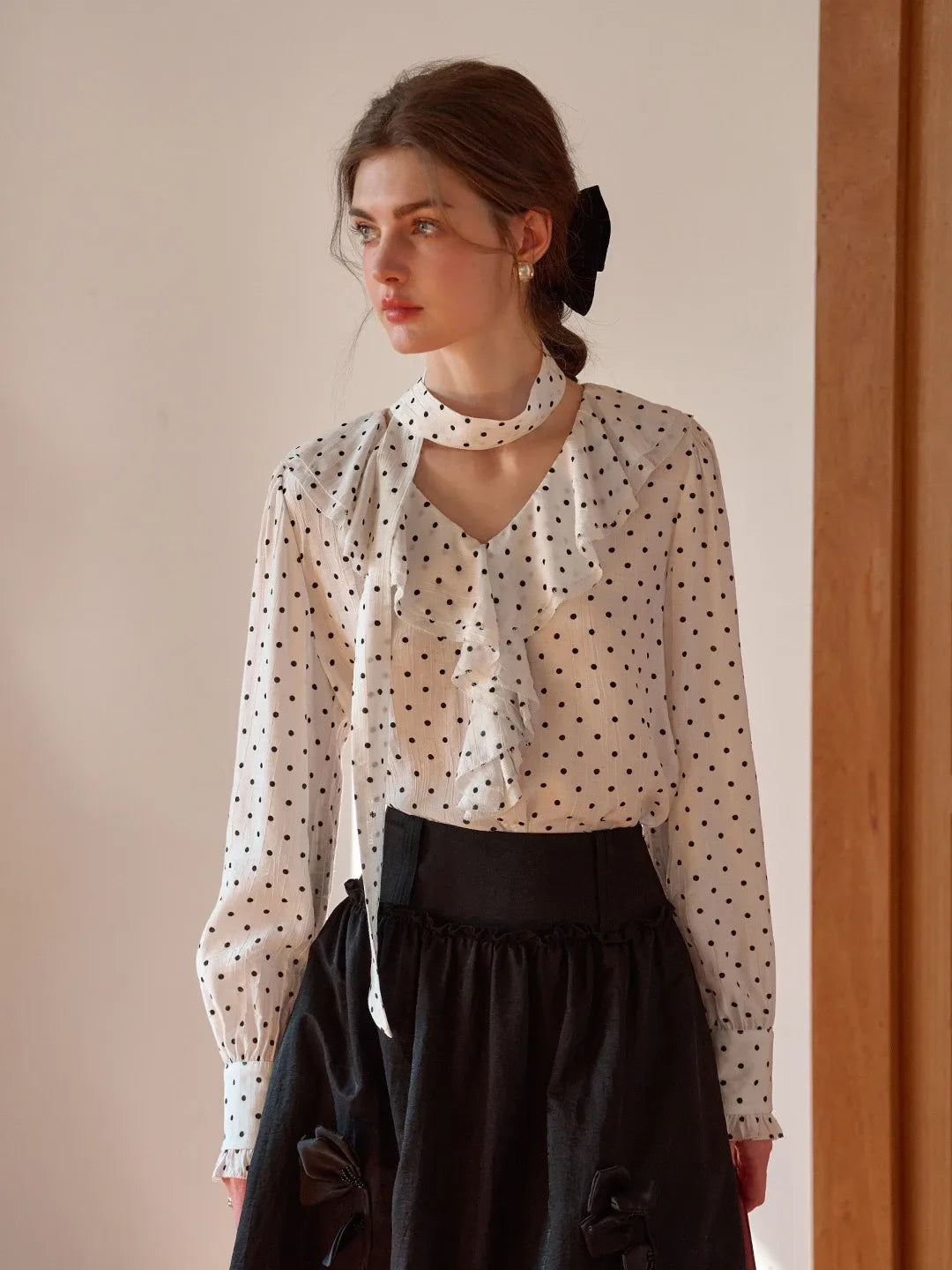 Keily V-Neck Dots Delicate Scarf Blouse