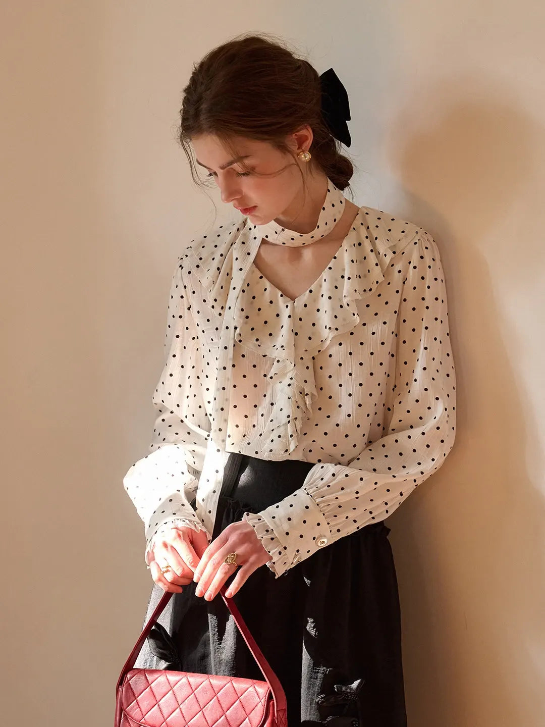 Keily V-Neck Dots Delicate Scarf Blouse