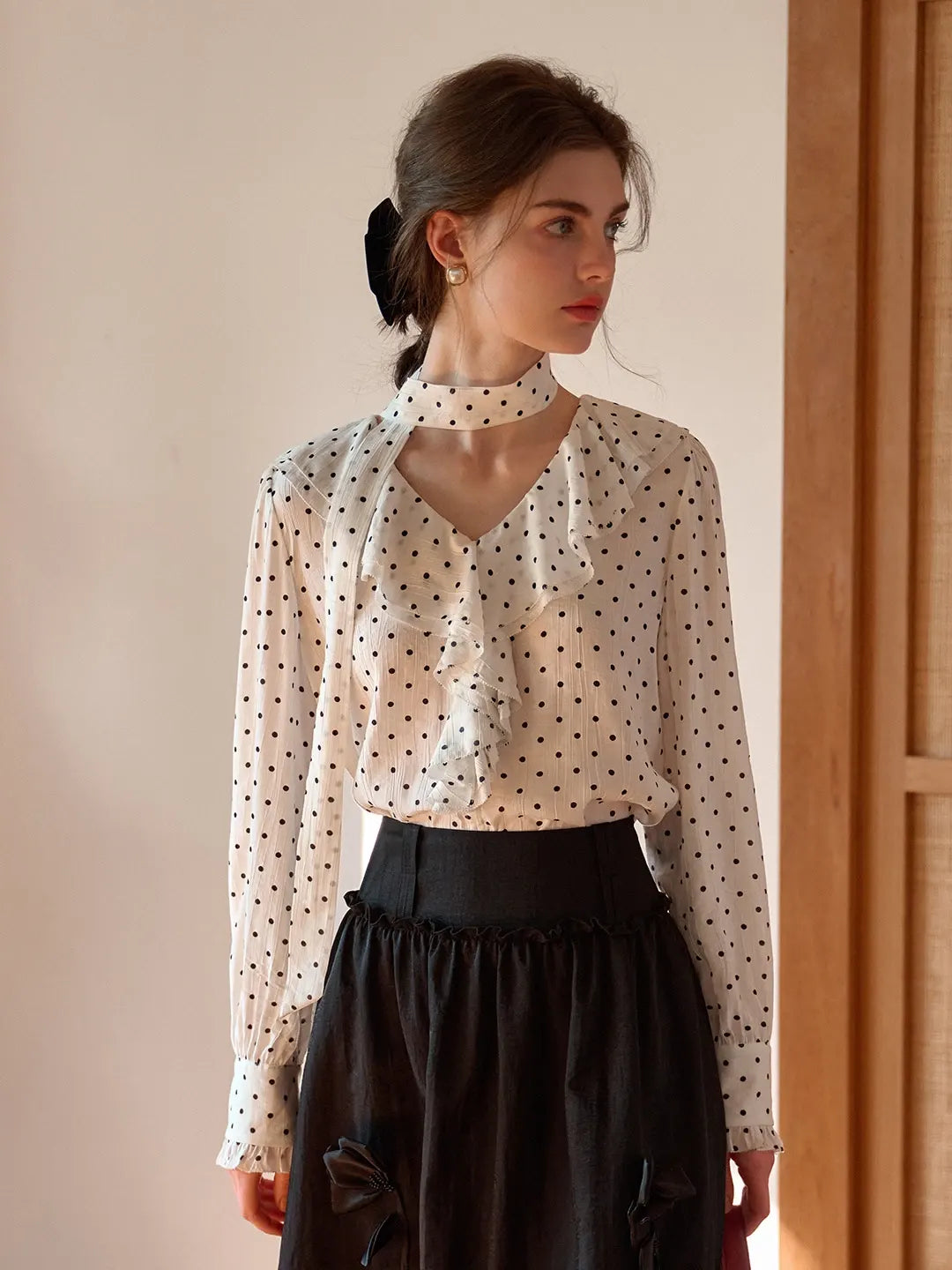 Keily V-Neck Dots Delicate Scarf Blouse