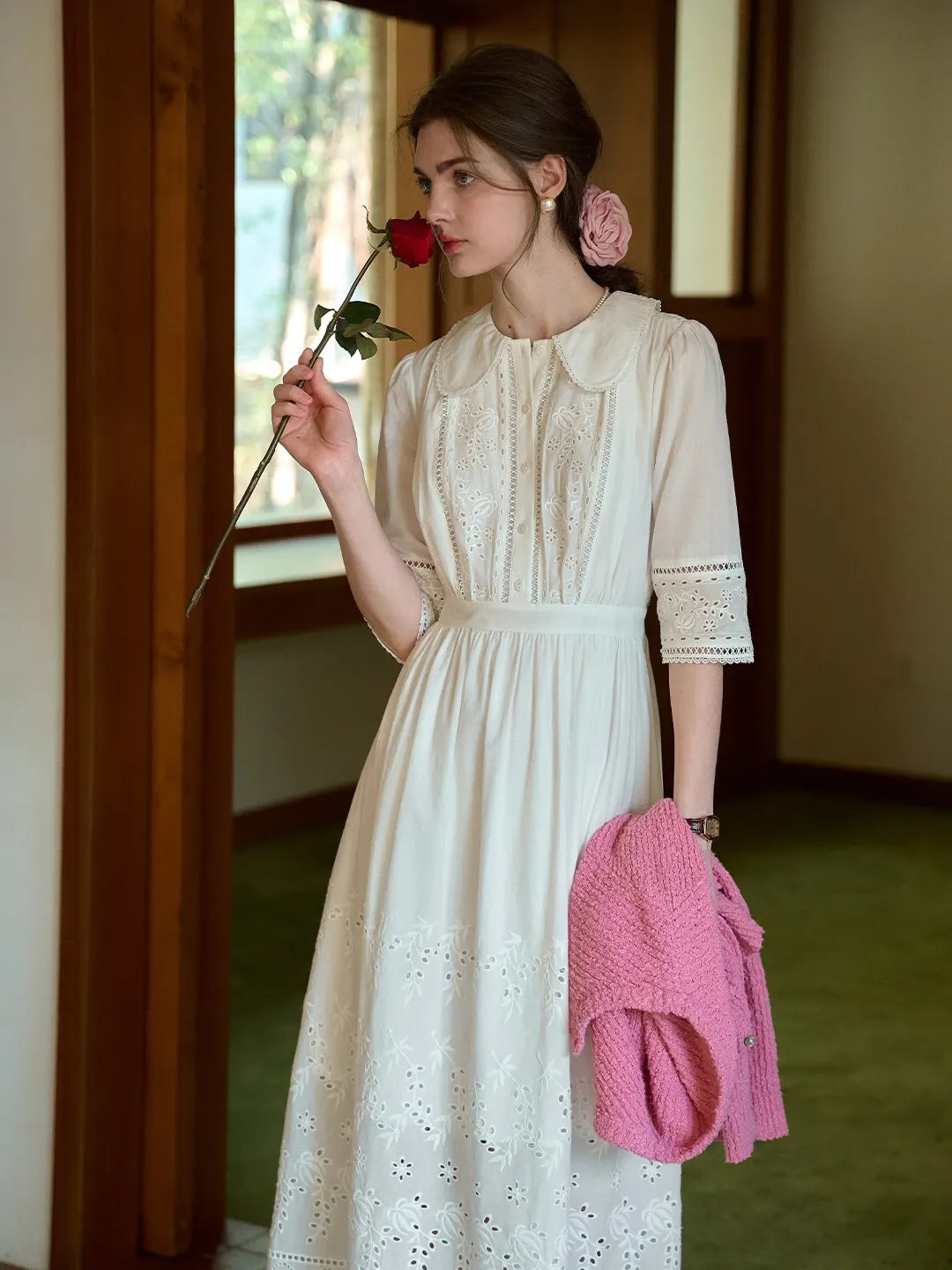 Jana Peter Pan Collar Hollow Cotton Dress, White / L Jana Peter Pan Collar Hollow Cotton Dress, White / L