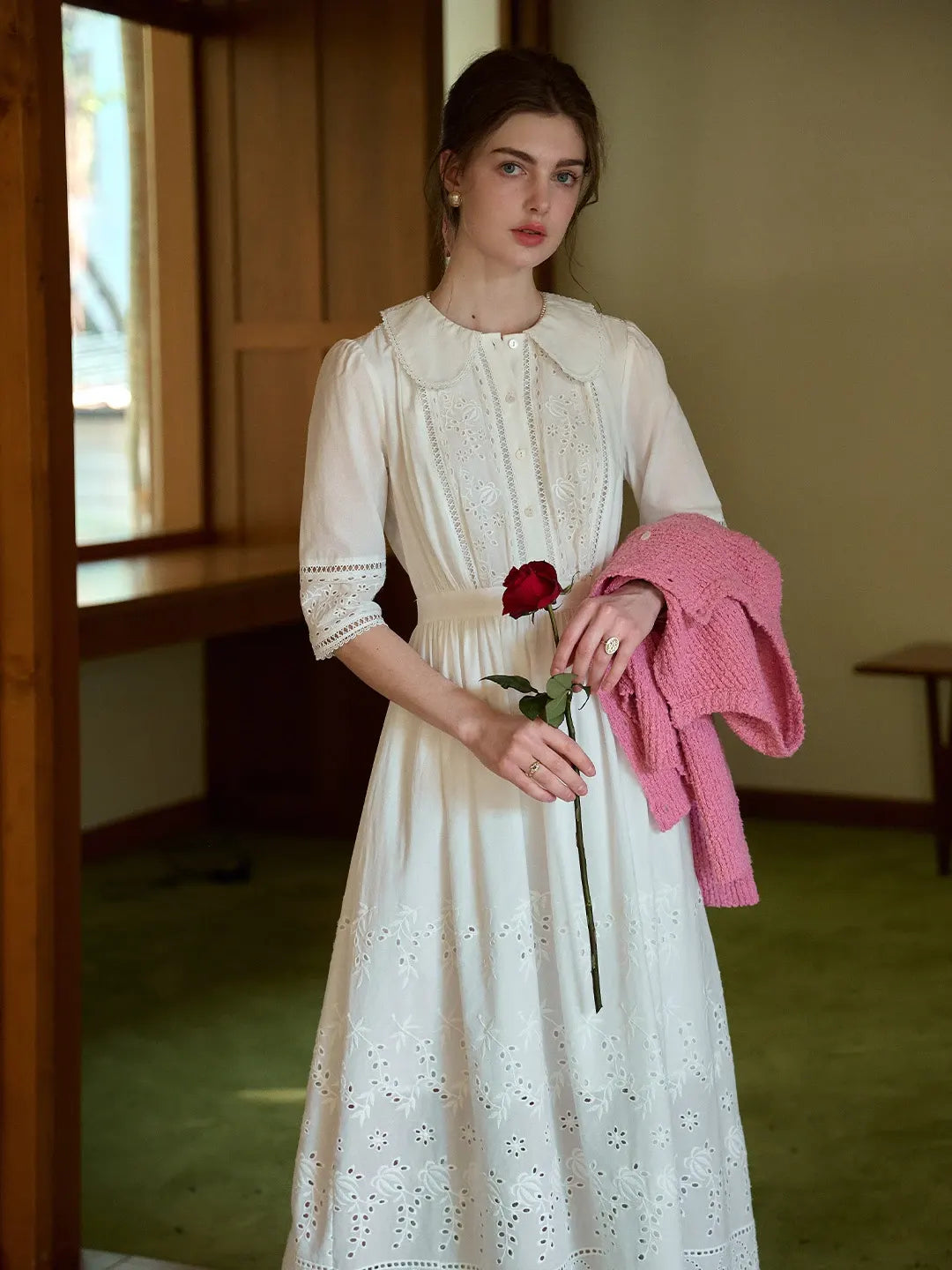 white dress with peter pan collar Jana Peter Pan Collar Hollow Cotton Dress