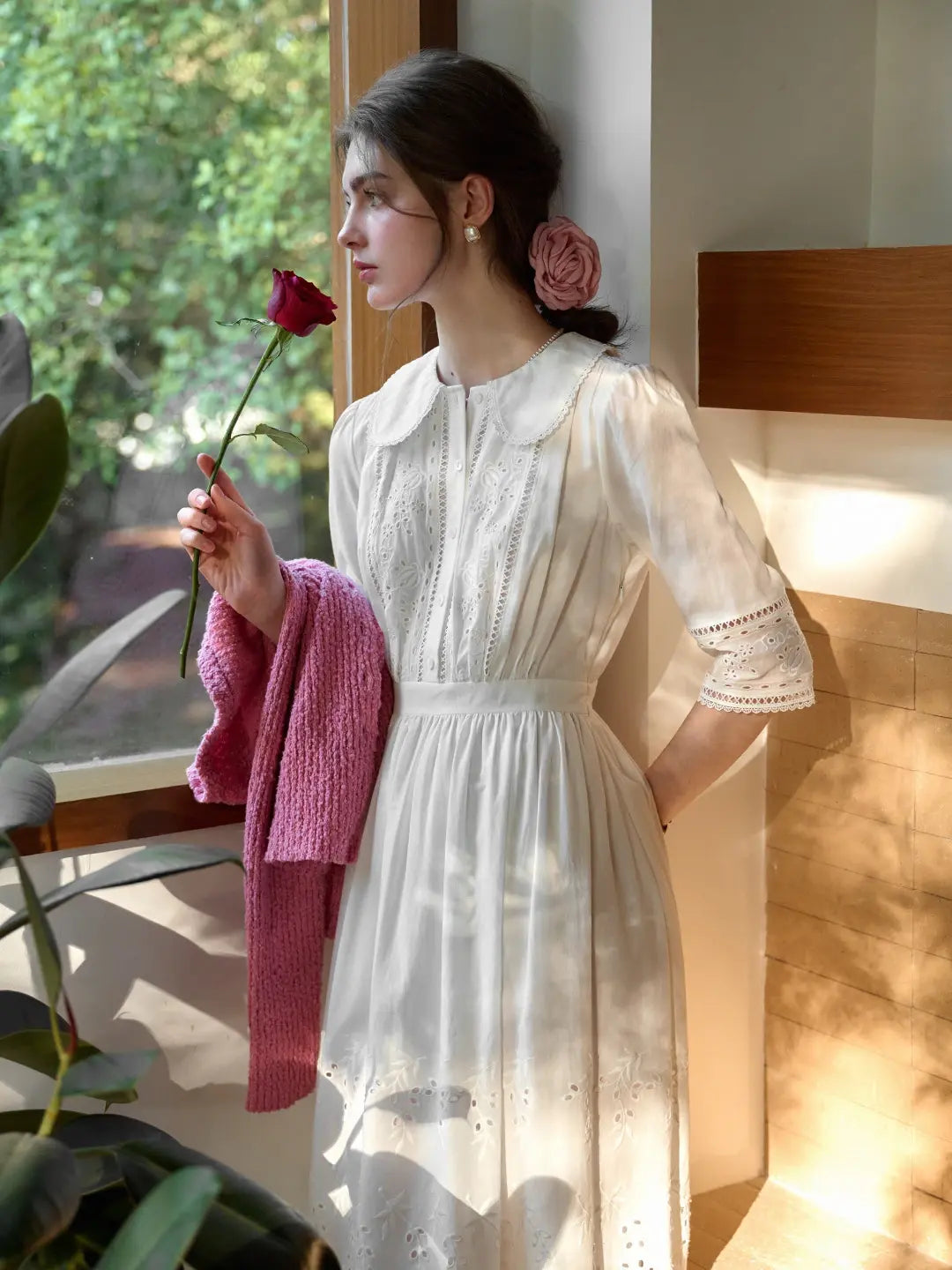 peter pan collar dress woman Jana Peter Pan Collar Hollow Cotton Dress