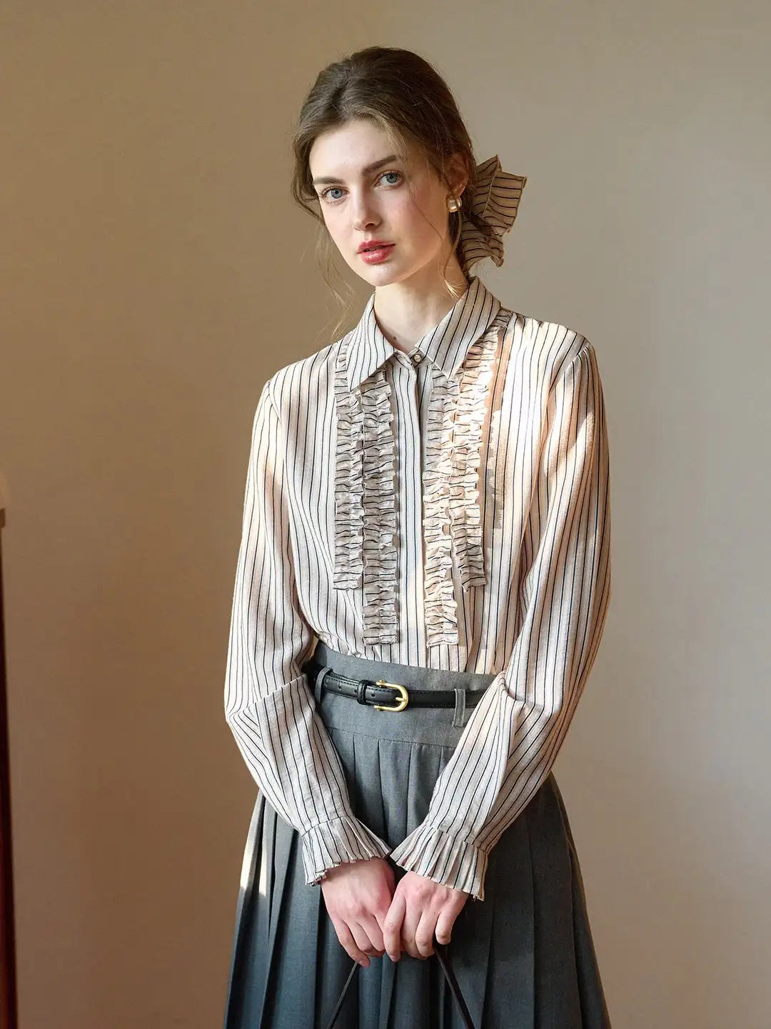 Elliot Lapel Ruffle Stripe Blouse