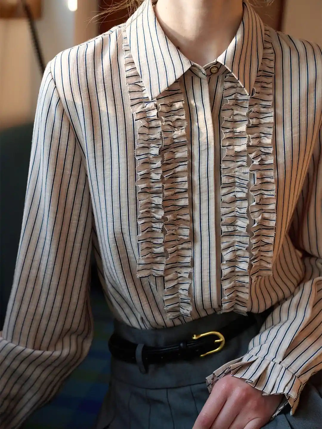 Elliot Lapel Ruffle Stripe Blouse