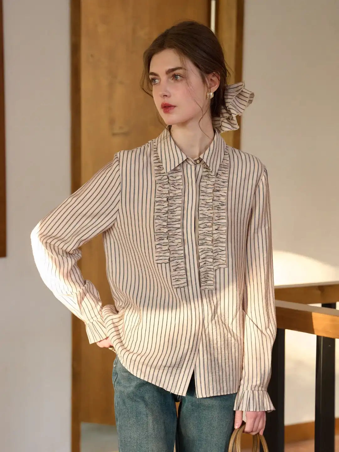 Elliot Lapel Ruffle Stripe Blouse