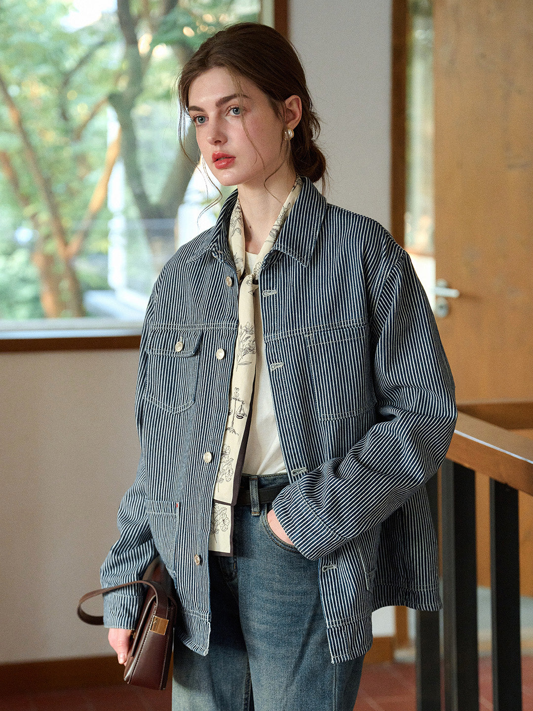 【Final Sale】Navy Lapel Stripe Cotton Jacket