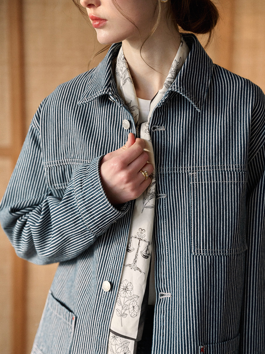 【Final Sale】Navy Lapel Stripe Cotton Jacket