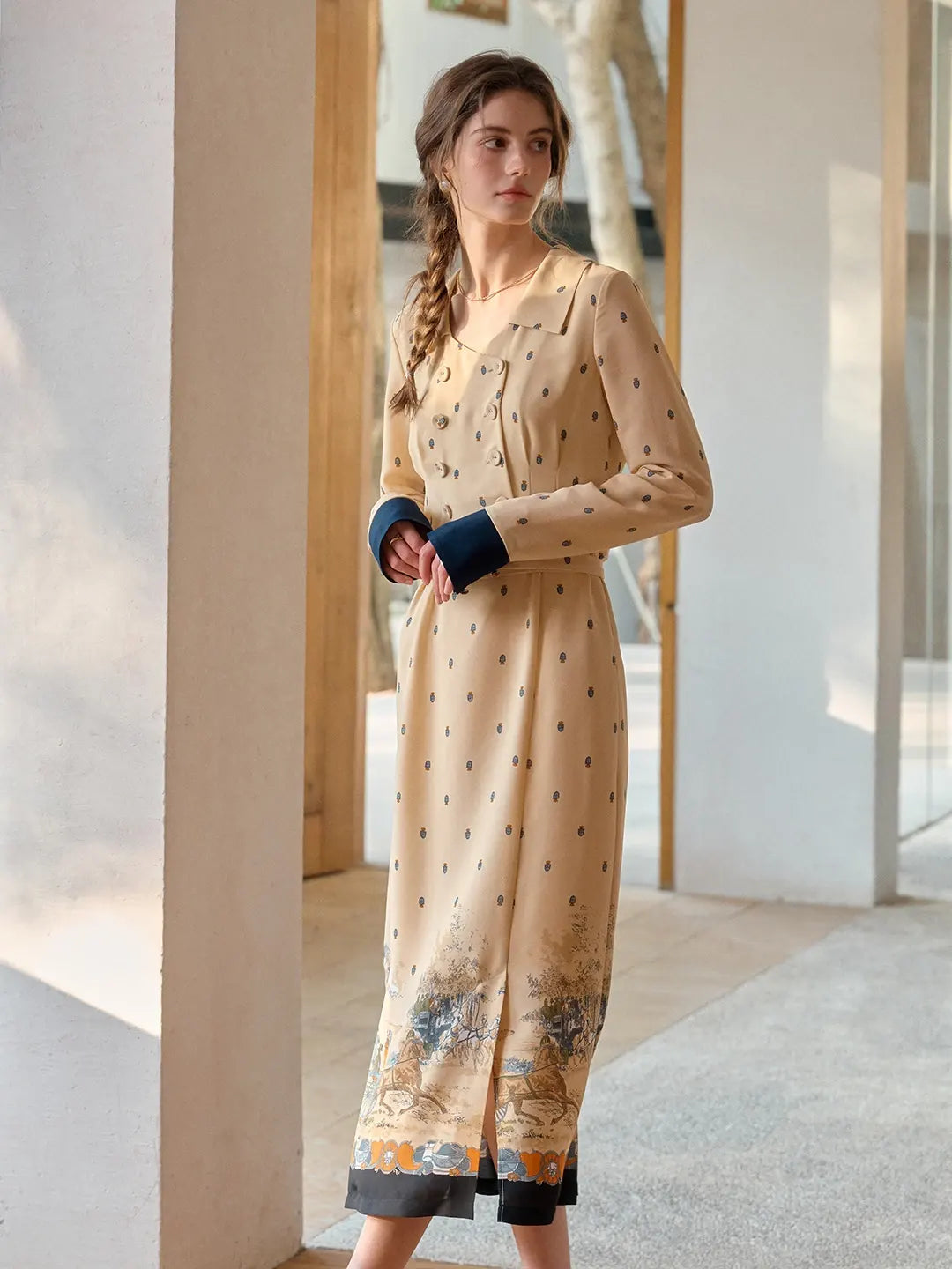 retro midi dress Elizabeth Retro Printed Deep Apricot Midi Dress