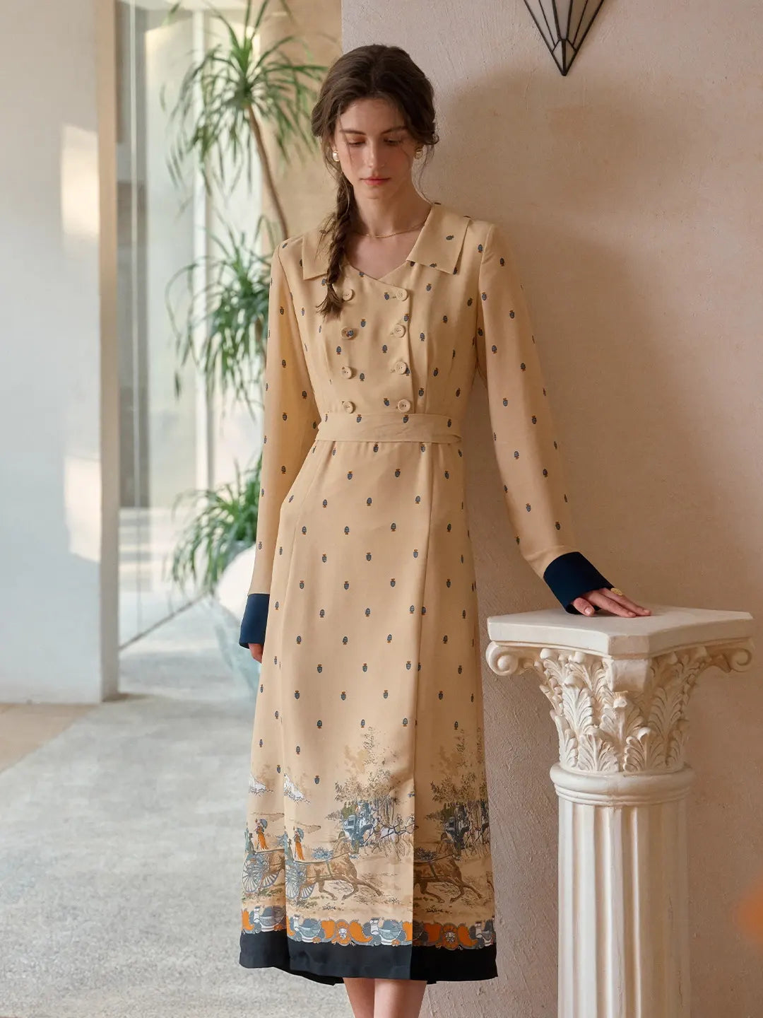 Elizabeth Retro Printed Deep Apricot Midi Dress Elizabeth Retro Printed Deep Apricot Midi Dress