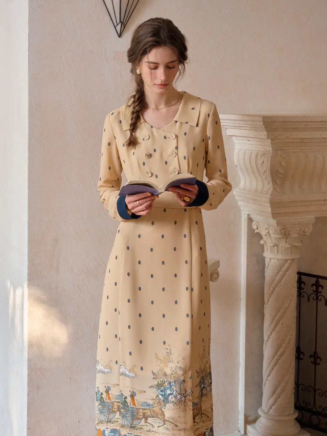 Elizabeth Retro Printed Deep Apricot Midi Dress Elizabeth Retro Printed Deep Apricot Midi Dress