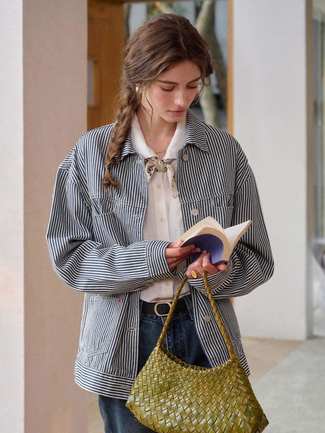 【Final Sale】Navy Lapel Stripe Cotton Jacket
