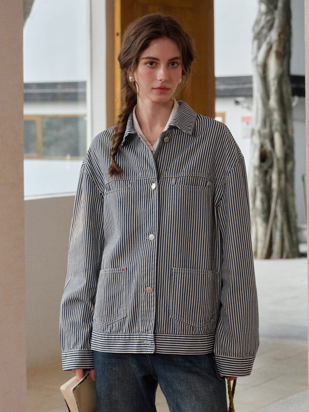 【Final Sale】Navy Lapel Stripe Cotton Jacket