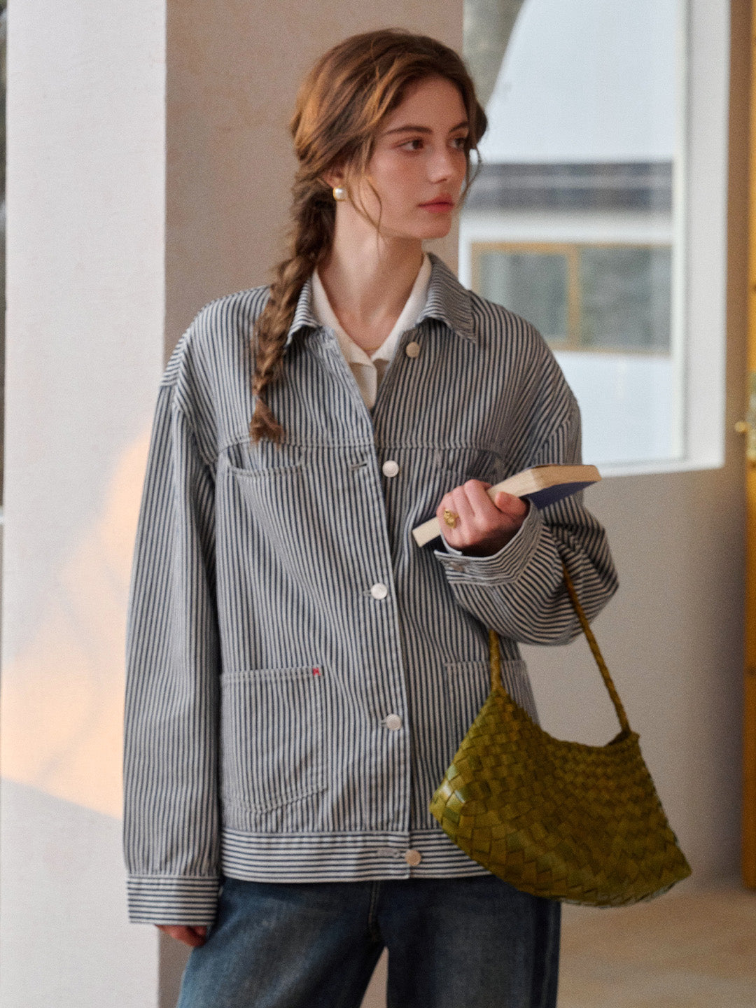 【Final Sale】Navy Lapel Stripe Cotton Jacket
