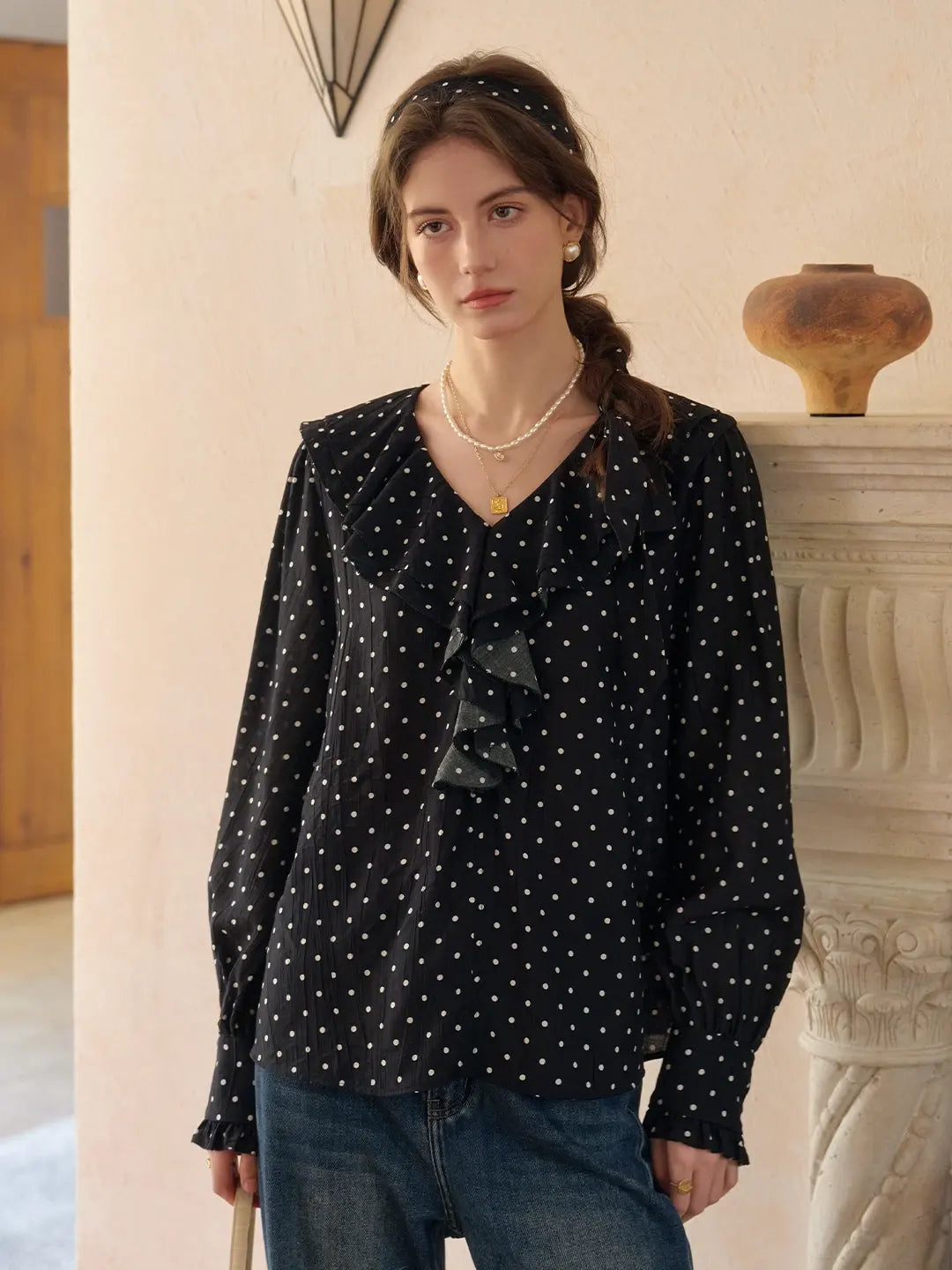 Keily V-Neck Dots Delicate Scarf Blouse