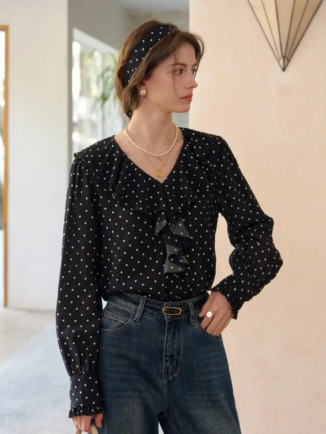 Keily V-Neck Dots Delicate Scarf Blouse