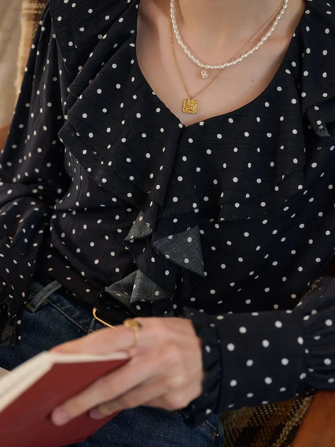 Keily V-Neck Dots Delicate Scarf Blouse